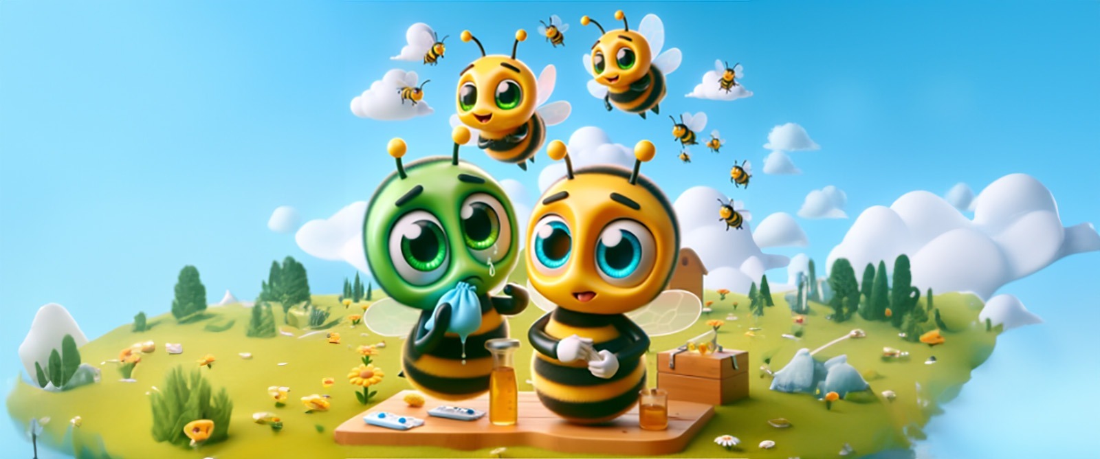 cartoon showing sick and healthy bees
