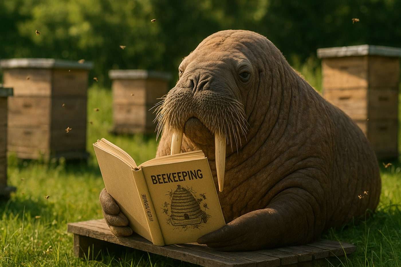 a walrus reading a book on beekeeping surrounded by bee hives