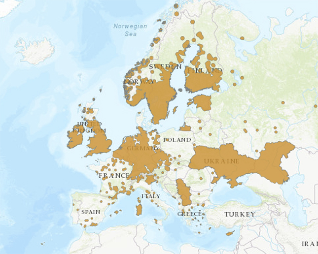 Map of EU showing distribution of wild honey bees